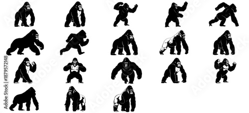 apex presence dynamic gorilla silhouettes embodying unrivaled strength and dominant wilderness spirit set, vector isolated on transparent background