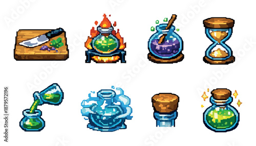 Pixel art alchemy set with potions, ingredients, and magical tools