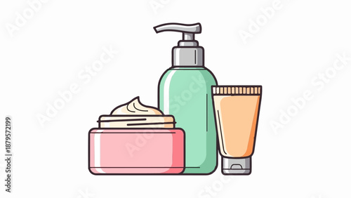 Three cosmetic containers a jar, a pump bottle, and a squeeze tube