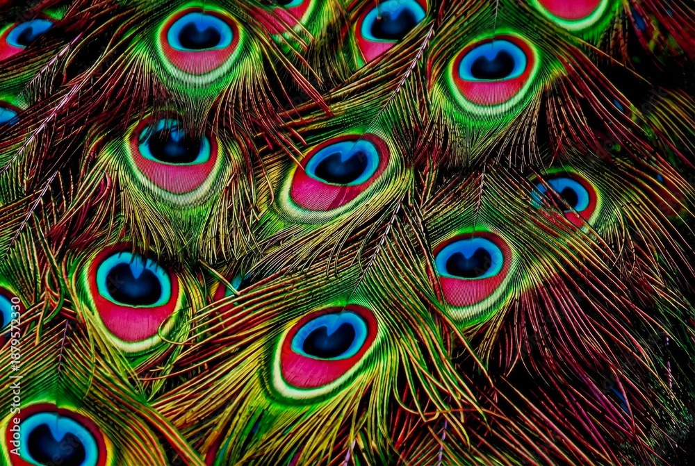 Obraz premium Vibrant close up of iridescent peacock feathers