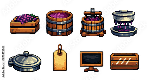 Pixel art fermentation process: grapes to wine equipment icons set