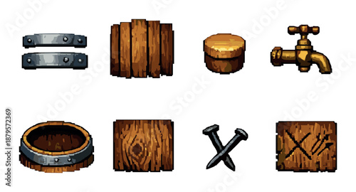 Vintage wooden barrel and metalwork icons with tap and tools