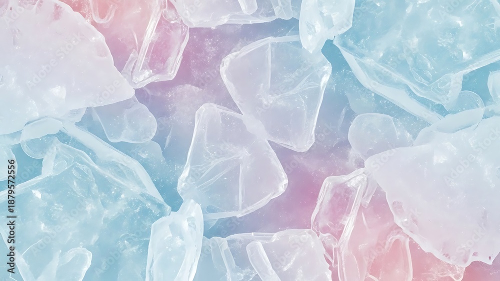 Obraz premium snow Pastel colored ice cubes melting together in a pile creating a soft blue and pink gradient background texture