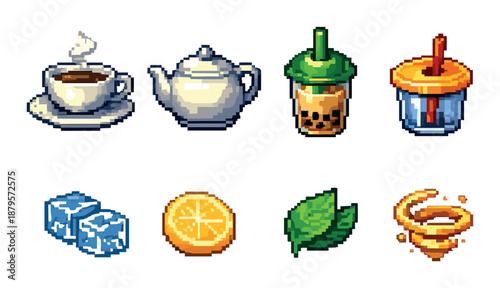 Pixel art beverages and ingredients: coffee, tea, and ice cube icons