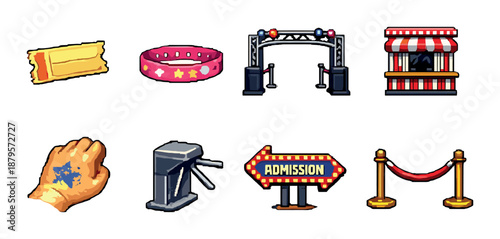 Carnival icons: ticket, wristband, entrance, booth, hand stamp, turnstile, sign, barrier