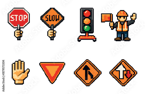 Pixel art traffic symbols: stop, slow, and construction icons