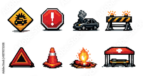 Pixel art traffic signs and emergency symbols on gray background