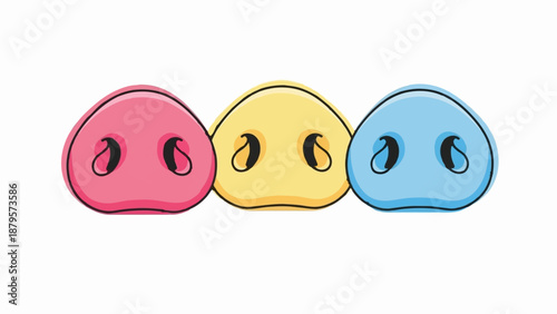 Three cartoon pig noses in pink, yellow, and blue