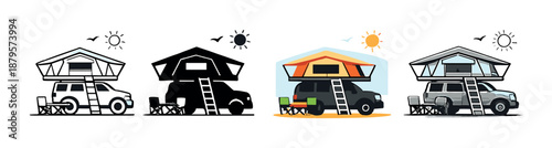 Graphic of suv with rooftop tent across different color palettes and styles