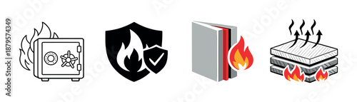 Fireproof symbols: safe, shield, book, and mattress illustrations on gradient background