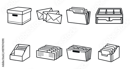 Black and white organizational icons: boxes, folders, envelopes, trays