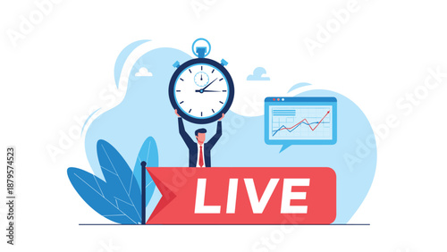 Professional man holds large stopwatch over red live banner to track real time events or broadcast durations during streaming.