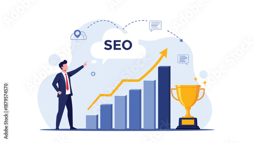 Successful executive points toward rising seo graph and gold trophy to celebrate achievements in search engine optimization.