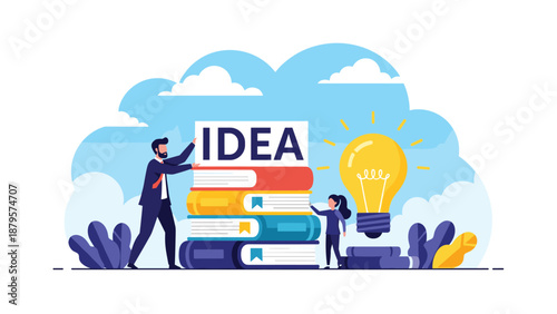 Professionals stack books labeled idea next to large glowing lightbulb to symbolize creative education and knowledge growth.