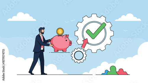 Professional man puts gold coin into piggy bank next to gear and green checkmark for successful financial savings system.