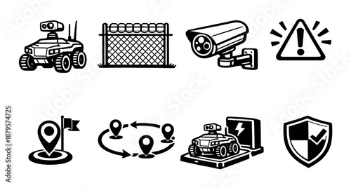 Autonomous security: surveillance, monitoring, and robotics icons set