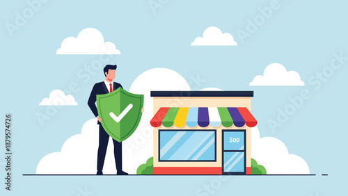 Professional man holds green shield with checkmark in front of colorful retail shop to demonstrate business protection.
