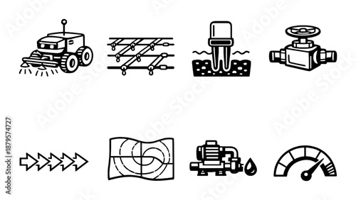 Modern agricultural and industrial equipment icons on textured background