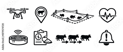 Smart farm monitoring: drones, animal tracking, and health alerts icons