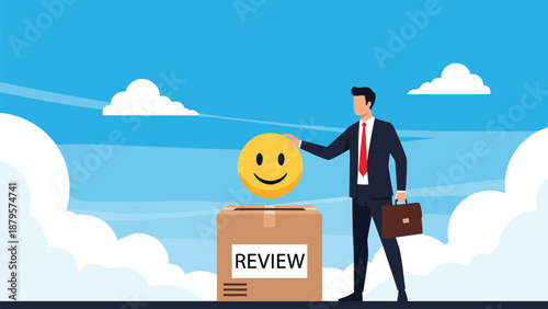 Business man places smiley face icon into cardboard review box representing positive customer feedback and satisfaction.