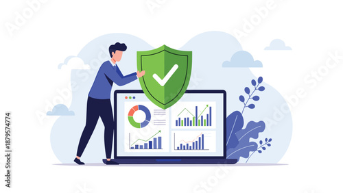 Professional man places green protection shield onto laptop screen with financial charts for cyber security and safety.