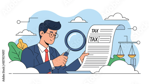 Accountant in a suit uses a magnifying glass to inspect a tax document with scales of justice and blue clouds in the background.