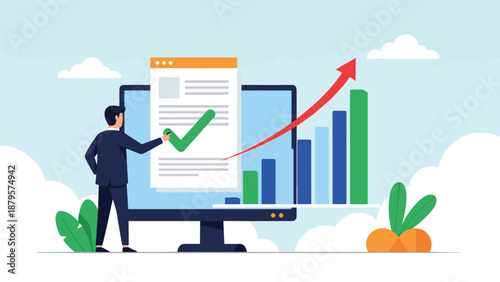 Executive businessman points at a large computer monitor displaying a rising growth chart and a document with a green checkmark icon.