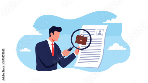 Human resources manager uses a magnifying glass to review a resume document and briefcase icon during a professional hiring process.
