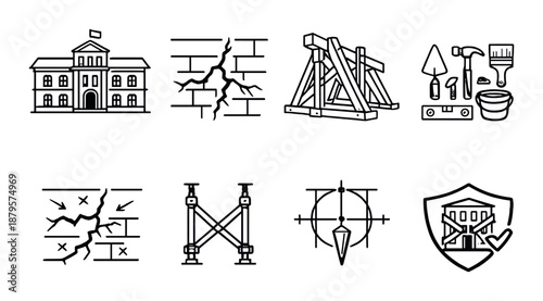 Icon set of building and construction elements with tools and architecture symbols