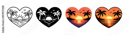 Heart-shaped tropical sunset illustrations with palm trees and ocean waves