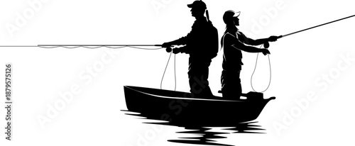 Silhouette of a family: a man and a woman fishing from a boat. Vector illustration.