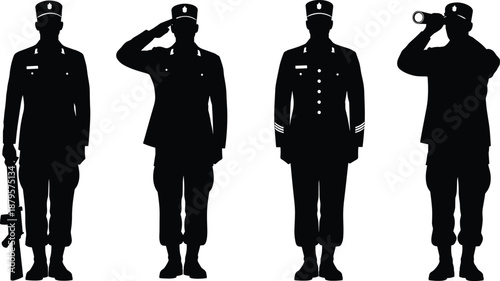 Military officer silhouette set illustration uniformed army personnel saluting standing observing vector isolated on white background for defense concept design