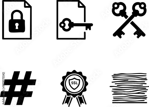 Set of 6 Minimal Encryption Icons Isolated White Background File Key SSL