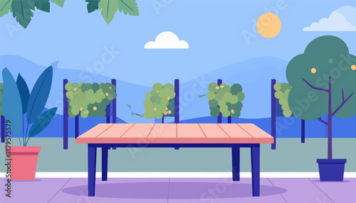 Sunny outdoor setting with table, potted plants, and grapevines under a blue sky
