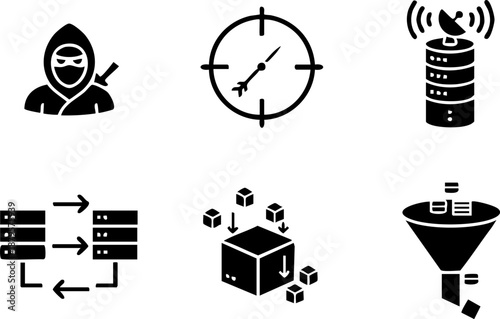 Set of 6 Minimal APT Icons Isolated White Background C2 Ninja Scope Lateral Movement