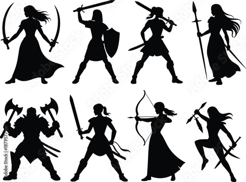 Fantasy warrior silhouettes, medieval fighters, black vector shapes, weapon icons, battle