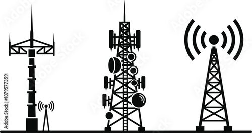 Telecommunication tower silhouettes representing wireless signal transmission, broadcasting antennas, and mobile network infrastructure isolated on white background illustration