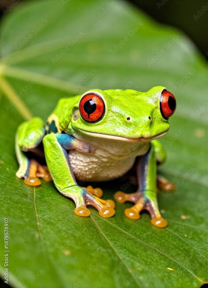 Obraz premium Red-Eyed Frog on Leaf with Green Background