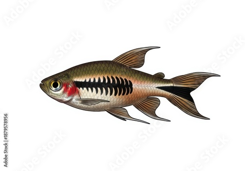 Detailed aquatic fish portrait of a small freshwater aquarium dweller isolated on white background