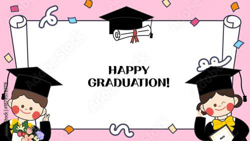 Happy graduation frame template with cute boy and girl students, diploma, flowers, and confetti in pink vector illustration style.