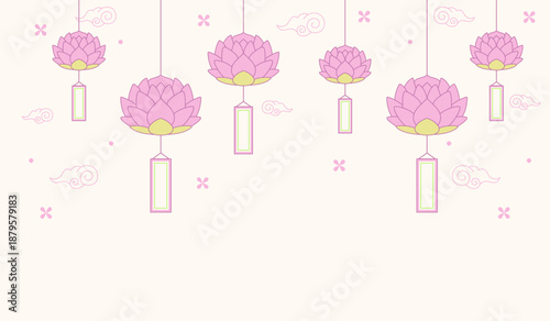 Lotus flower hanging Vesak decoration. Vesak Day vector illustration