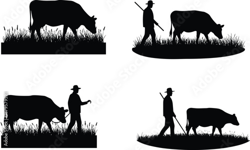 Farmer walking with cow silhouettes, rural livestock scene, agriculture concept, farm animal care, black vector illustration, village farming, pastoral design