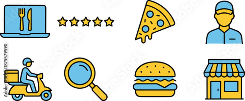 Food delivery icons, restaurant service, online ordering, pizza slice, scooter rider, stsearch tool