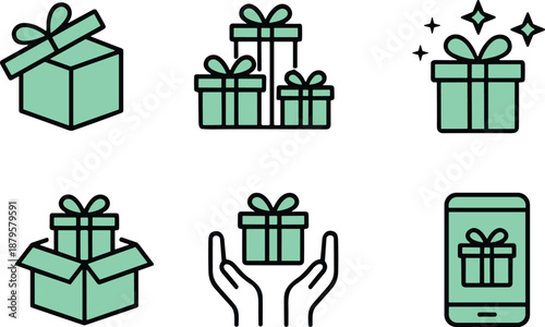 Gift box icons, celebration, giving, receiving, online present, sparkles, cardboard box, hands, smartphone, festive, e-commerce
