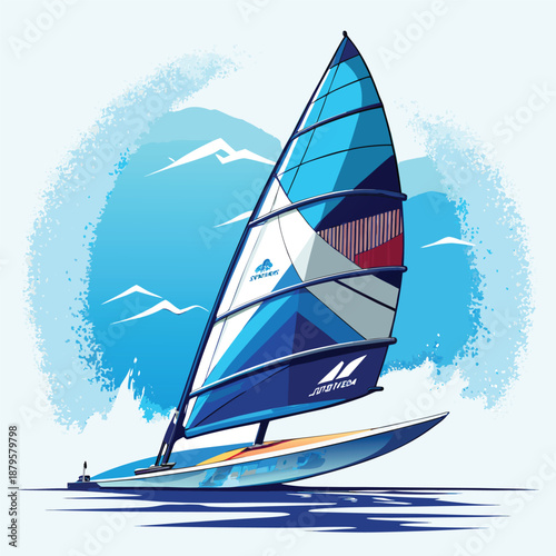 A sporty minimalist flat vector illustration of a blue windsurfing sail rig for season and water sport concepts isolated on a white background for travel and outdoor adventure design.