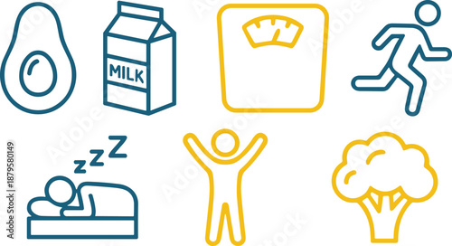 Healthy lifestyle icons, avocado, milk, scale, running, sleeping, broccoli, wellness, fitness, nutrition, exercise, rest, energy, health, food, habits, balance, vitality, illustration
