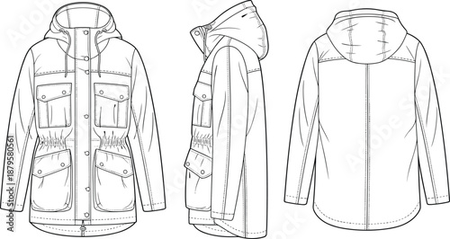 Hooded parka jacket, technical fashion sketch, front, side, back view, flap pockets, drawstring waist, garment design, vector