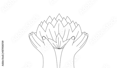 Hand holding lotus flower line art style. Design for Vesak day greeting card, decoration or banner