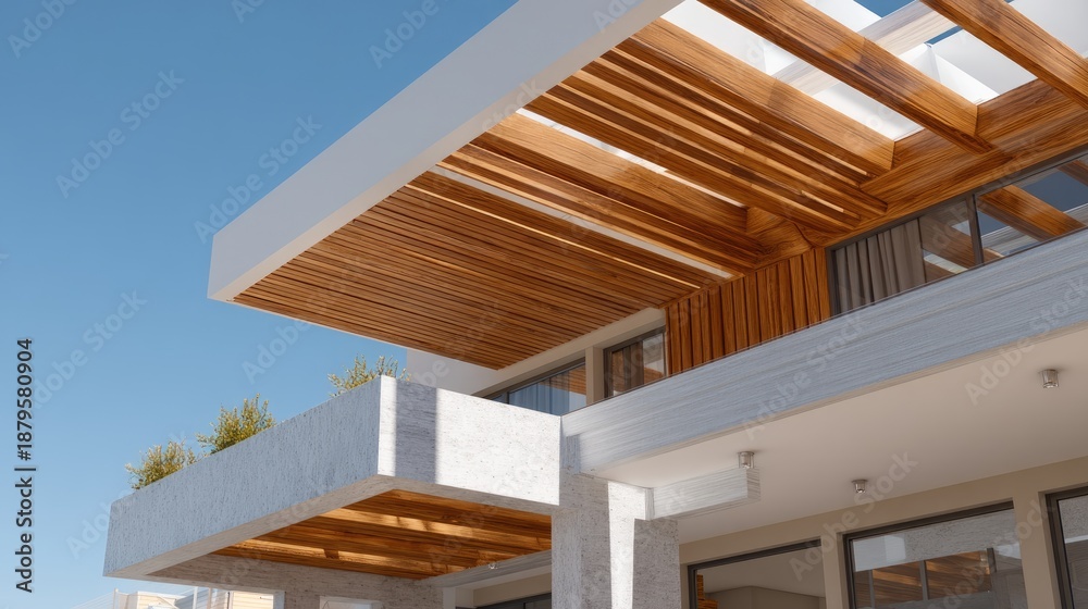Fototapeta premium Modern architectural design of a house featuring wooden elements and a spacious balcony under a clear blue sky