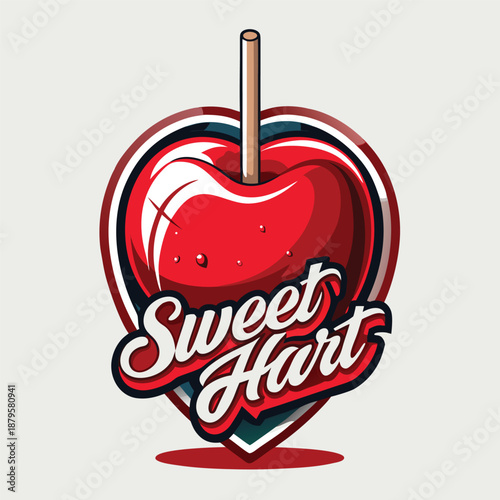 Minimalist flat vector illustration of a candy apple red heart for sweet heart choice and romance concepts isolated on a white background for gift and valentine design projects.